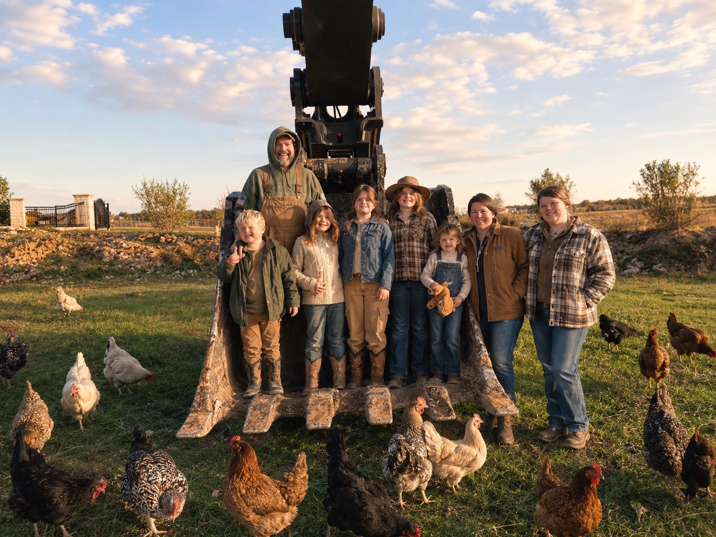 The Bethel River Farm family of eight standing with their chickens at golden hour