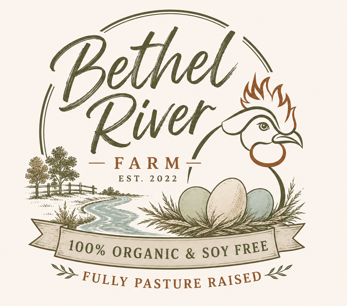 Bethel River Farms logo 100% organic and soy free eggs from pasture raised hens